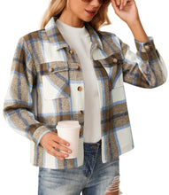 Load image into Gallery viewer, Anygrew Women&#39;s Cropped Shacket Jacket Fashion Casual Button Down Lightweight Outwear Flannel Plaid Shirts Casual Jackets with Pockets
