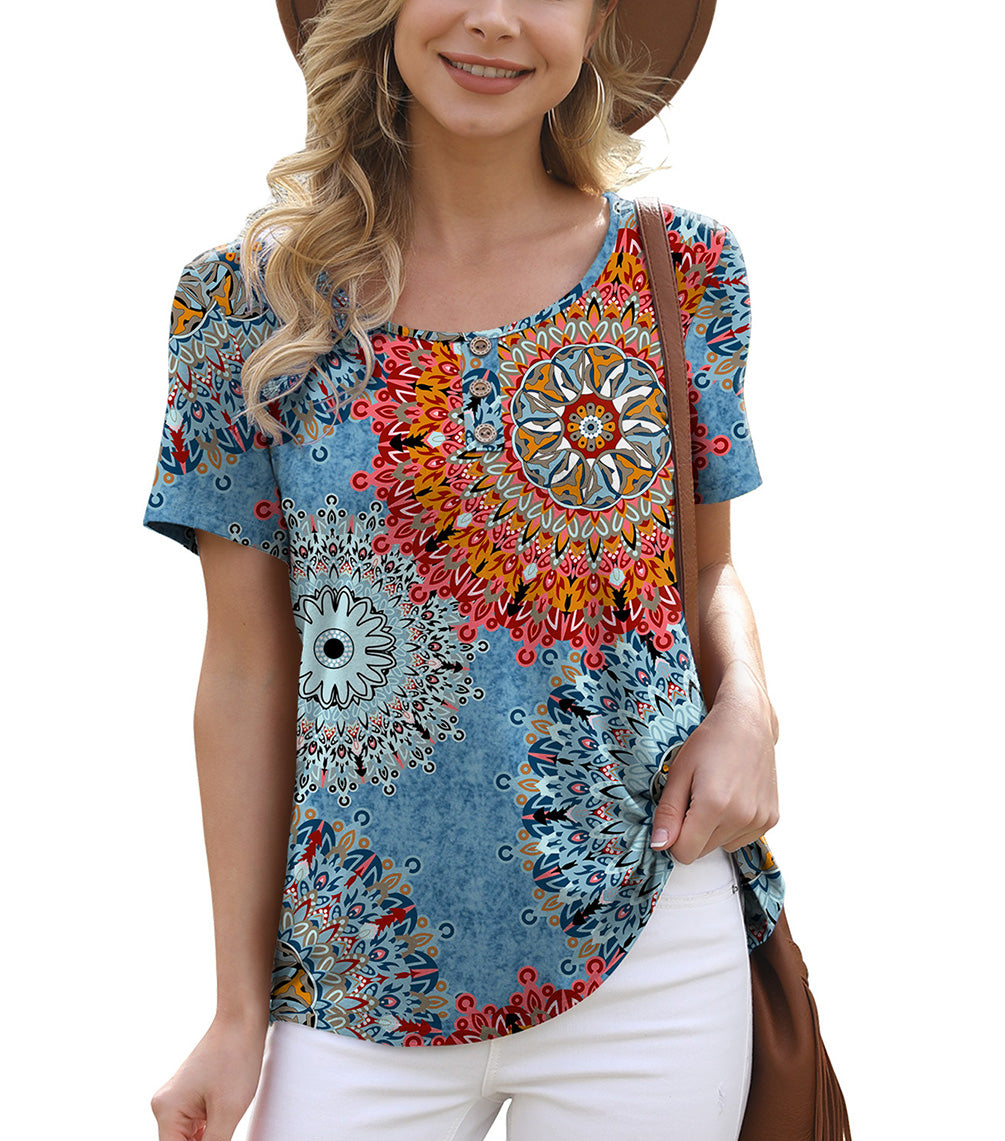 Feiersi Women's Summer Floral Tunic Tops Casual Blouse Short Sleeve Buttons Up T-Shirts