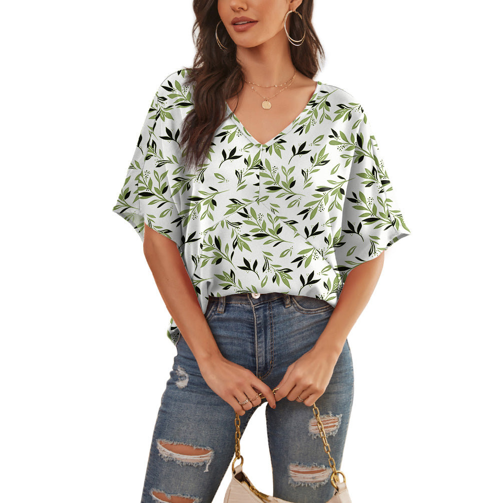 Feiersi Womens Floral Chiffon Blouses V Neck Batwing Short Sleeve Summer Tops Shirts