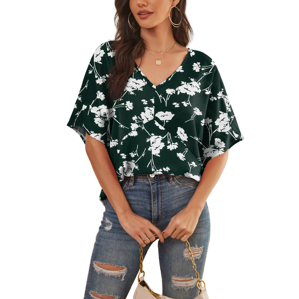 Feiersi Womens Floral Chiffon Blouses V Neck Batwing Short Sleeve Summer Tops Shirts